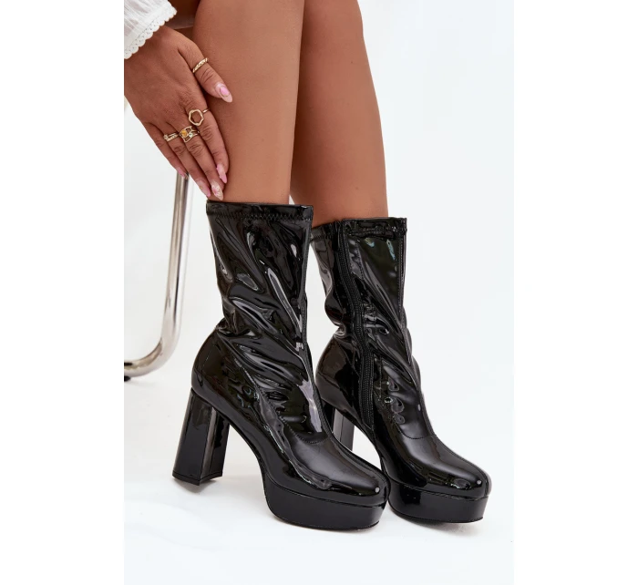 Lakierowane Botki Damskie Na Platformie I Słupkowym Obcasie Czarne Calvessa Lakierowane Botki Damskie Na Platformie I Słupkowym Obcasie Czarne Calvessa