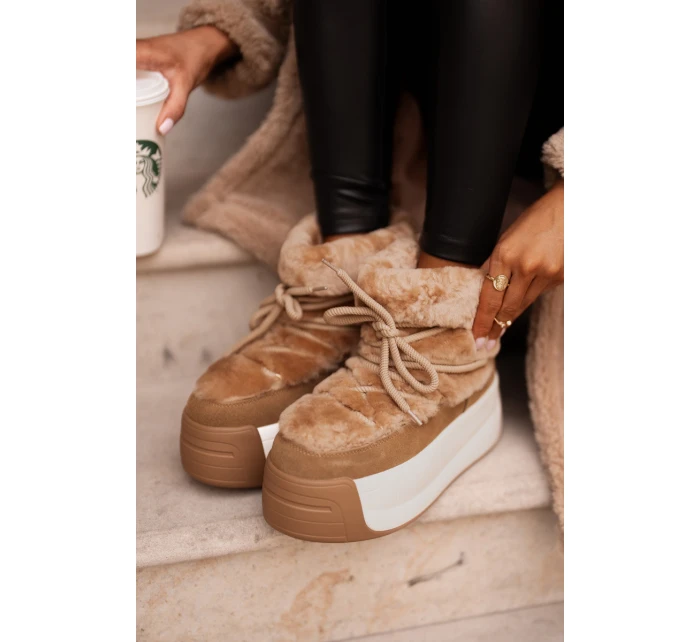 Skórzane Śniegowce Damskie Na Grubej Podeszwie Z Futerkiem Big Star OO274A207 Brązowe Skórzane Śniegowce Damskie Na Grubej Podeszwie Z Futerkiem Big Star OO274A207 Brązowe