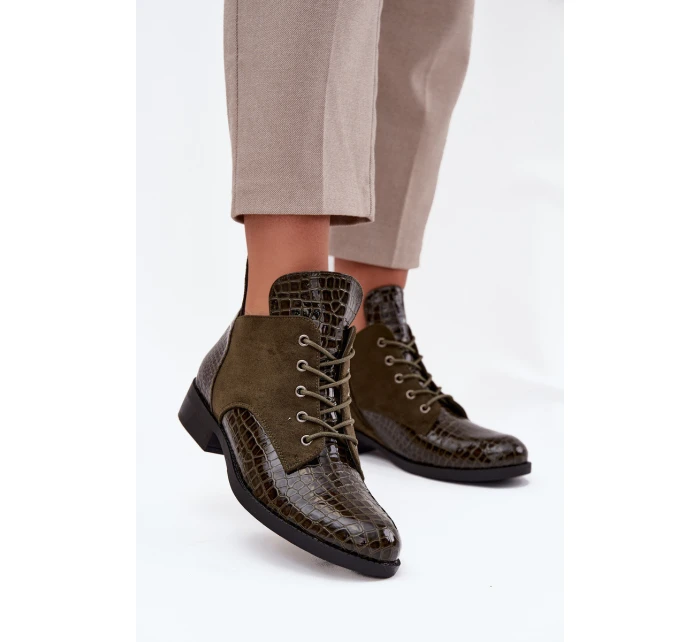 Lakierowane Botki Damskie Z Ozdobnym Tłoczeniem Ocieplane Vinceza 16477 Ciemnozielone