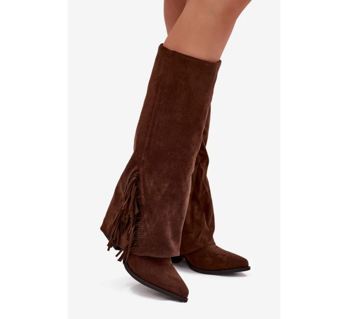 Dámske kovbojské čižmy Zalia s strapcami na podpätku - hnedé Dámske kovbojské čižmy Zalia s strapcami na podpätku - hnedé