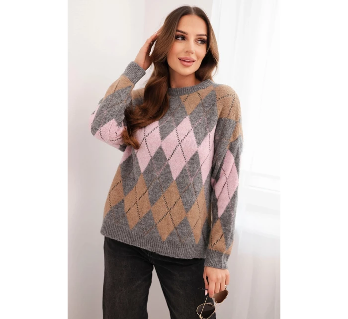 Dámský svetr s model 21774797 vzorem a kulatým výstřihem šedý - K-Fashion