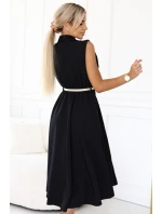 model 21212554 Elegantní midi košilka se zlatými knoflíky a páskem ČERNÁ - numoco basic model 21212554 Elegantní midi košilka se zlatými knoflíky a páskem ČERNÁ - numoco basic