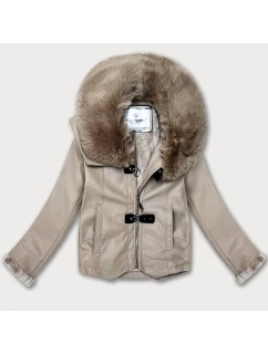 Béžová bunda z ekokože s kožušinovým golierom Glakate (LU98091#)