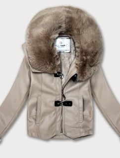 Béžová bunda z ekokože s kožušinovým golierom Glakate (LU98091#)
