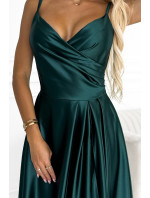 CHIARA - Elegantné saténové dámske maxi šaty vo fľaškovo zelenej farbe na ramienkach 299-9