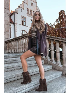 Dámské kotníkové boty na podpatku s třásněmi a zlatými sponami hnědé Evelisse Botki Damskie