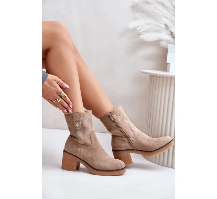 Zateplené dámske členkové topánky na podpätku Beige Vailia