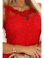 672-5 Romantické svatební maxi šaty s vyšívanou krajkou a tylem - červené