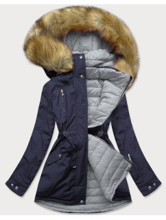 Tmavo modro-šedá dámska obojstranná zimná bunda s kapucňou (W213)
