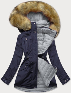 Tmavo modro-šedá dámska obojstranná zimná bunda s kapucňou (W213)
