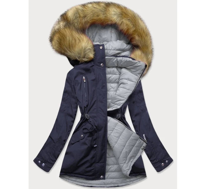 Tmavomodro-šedá obojstranná dámska zimná bunda s kapucňou (w213) Tmavomodro-šedá obojstranná dámska zimná bunda s kapucňou (w213)