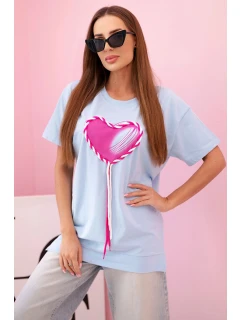 Dámske bavlnené tričko nadrozmernej veľkosti so srdcom a strapcami modré