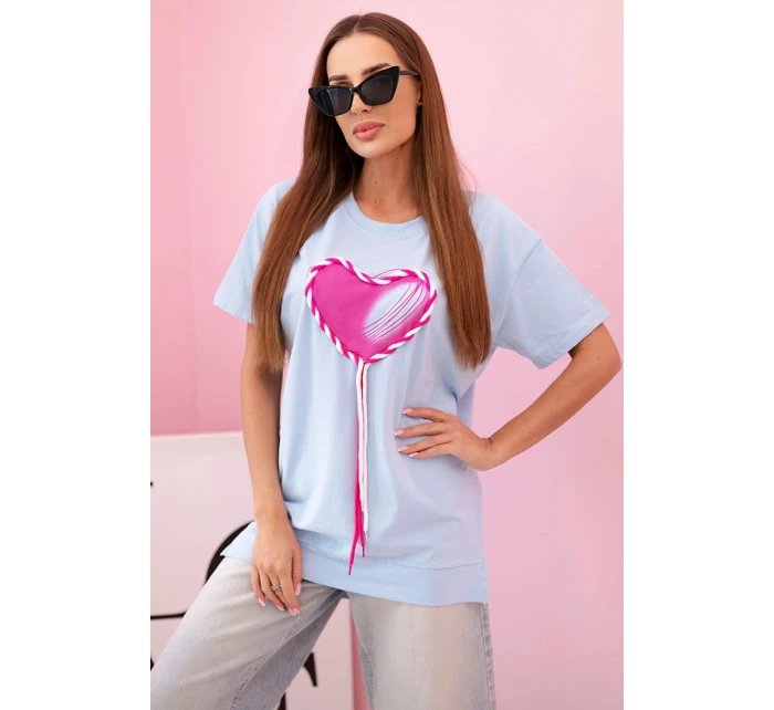 Dámske bavlnené tričko nadrozmernej veľkosti so srdcom a strapcami modré