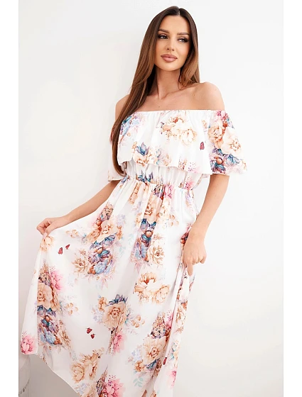 Dámské viskózové šaty model 22148024 střihu s květy béžová - K-Fashion