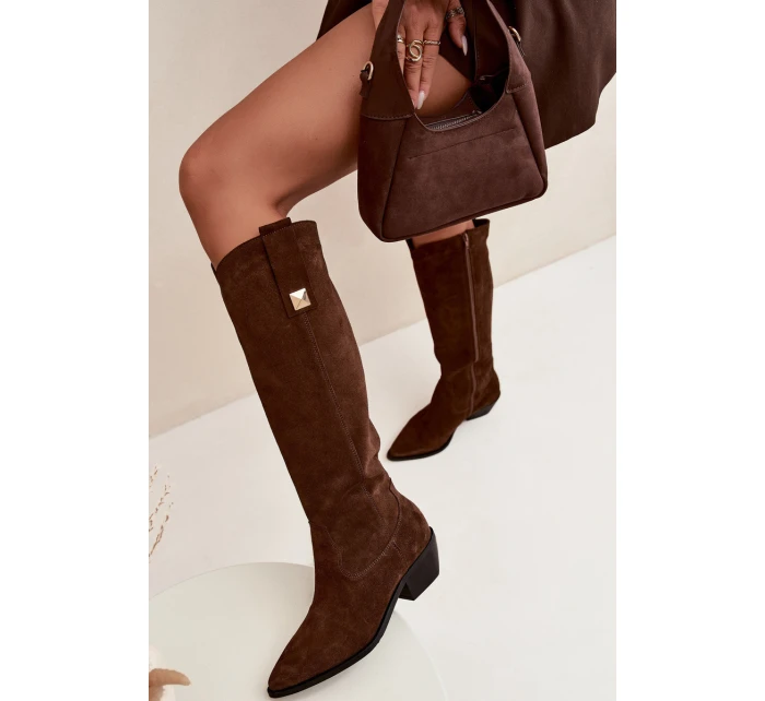 Kožené semišové kozačky cowboyové zateplené Zazoo 4224 čokoládové