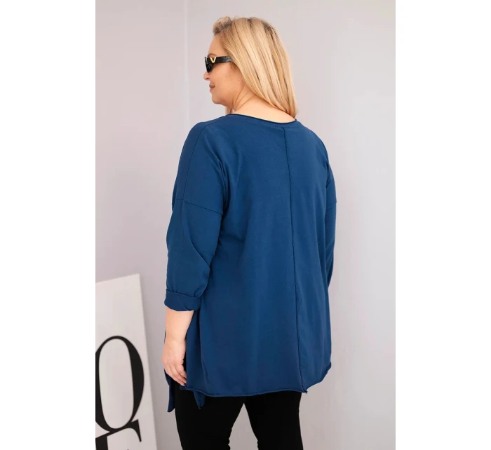 Dámská bavlněná blůza Plus Size s asymetrickým spodním lemem a výřezy modrá