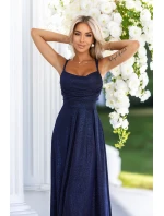 589-2 Dlhé šaty s jemnými trblietkami a korzetovým viazaním vzadu - tmavomodré s trblietkami