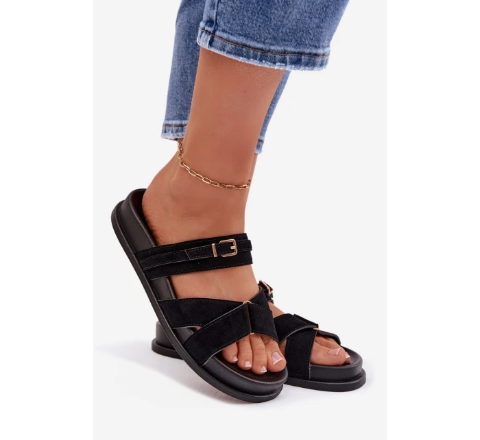 Dámské pantofle s pásky a zlatým přezkou Černé model 21954646 - Boto Dámské pantofle s pásky a zlatým přezkou Černé model 21954646 - Boto