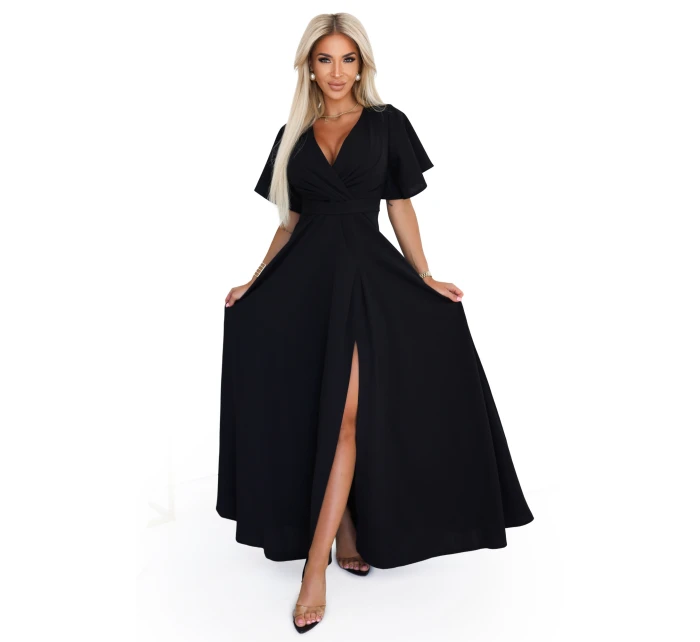 dlouhé šaty s rozparkem na rukávy a výstřihem černé model 21290293 - numoco