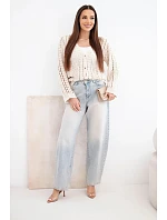 Dámsky bavlnený a čipkovaný sveter s výstrihom do V v béžovej farbe