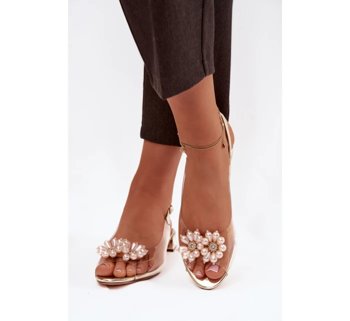 Průhledné sandály na nízkém podpatku s ozdobnými detaily D&A MR52-229 Zlaté