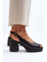 Zazoo 40376 Skórzane Sandały Na Masywnym Obcasie Czarne