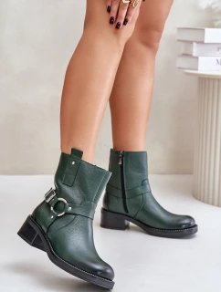 Zazoo 60480 Skórzane Botki Na Niskim Obcasie Ocieplane Ciemnozielone