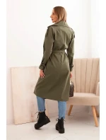 Dámsky kabát so zaväzovaním v páse a khaki golierom