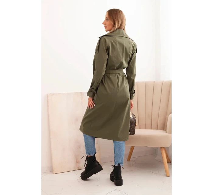 Dámsky kabát so zaväzovaním v páse a khaki golierom