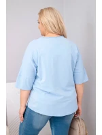 Plus veľkosť dámske bavlnené nadrozmerné blúzka s V-výstrihom modrá