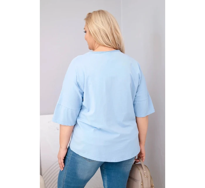 Plus veľkosť dámske bavlnené nadrozmerné blúzka s V-výstrihom modrá