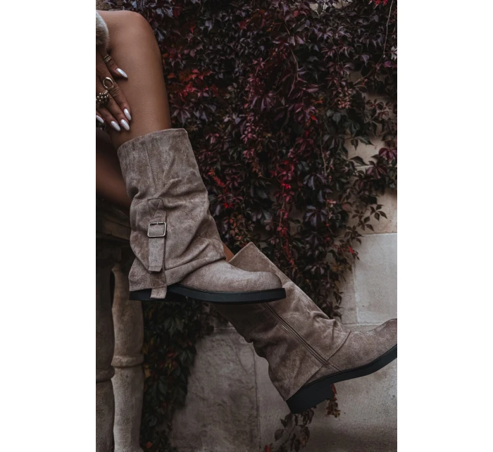 Kozaki Damskie Z Wywiniętą Cholewką Do Połowy Łydki Z Klamrą Khaki Minelle Kozaki Damskie Z Wywiniętą Cholewką Do Połowy Łydki Z Klamrą Khaki Minelle