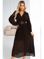 model 21787448 KLARA plisované elegantní midi šaty s páskem a výstřihem čokoládové - numoco basic