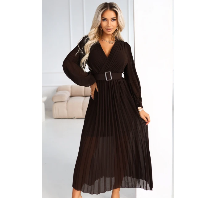 model 21787448 KLARA plisované elegantní midi šaty s páskem a výstřihem čokoládové - numoco basic