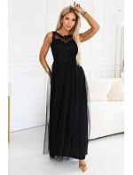 672-4 Romantické maxi šaty s vyšívanou krajkou a tylem - černé