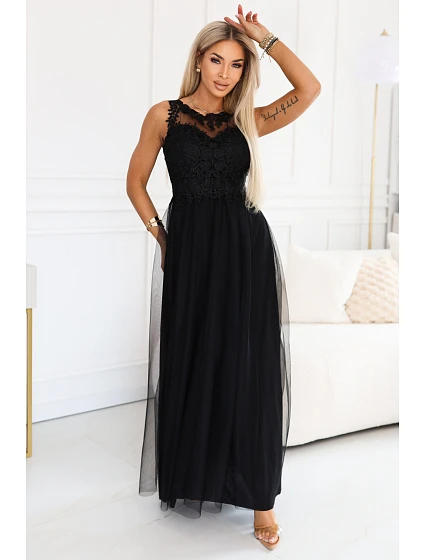 672-4 Romantické maxi šaty s vyšívanou krajkou a tylem - černé