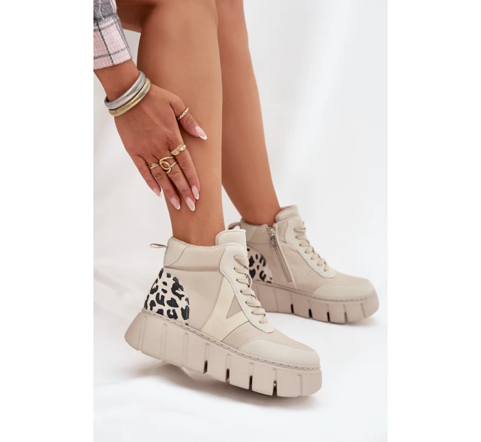 Skórzane Botki Damskie Na Platformie Ocieplane Vinceza 66838 Beżowe