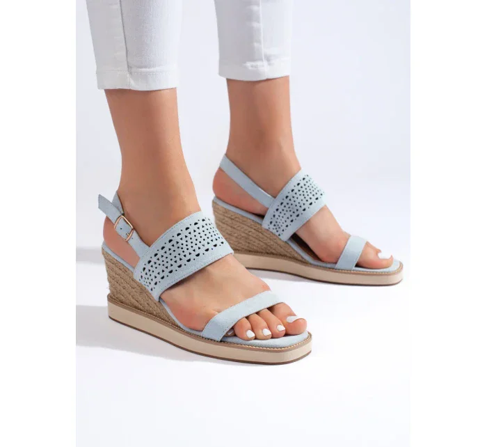 Designové modré  sandály dámské na klínku