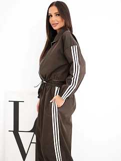 Dámska bavlnená súprava s oversized nohavicami a kontrastnými pruhmi, hnedá