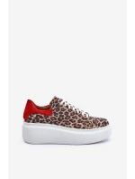 Skórzane Sneakersy Na Platformie W Panterkę Zazoo 3346 Brązowo-Czerwone