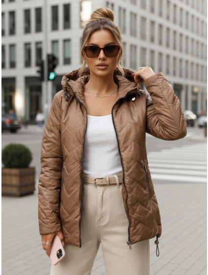 Dámska prechodná prešívaná bunda s kapucňou hnedá FashionStreet TY5608