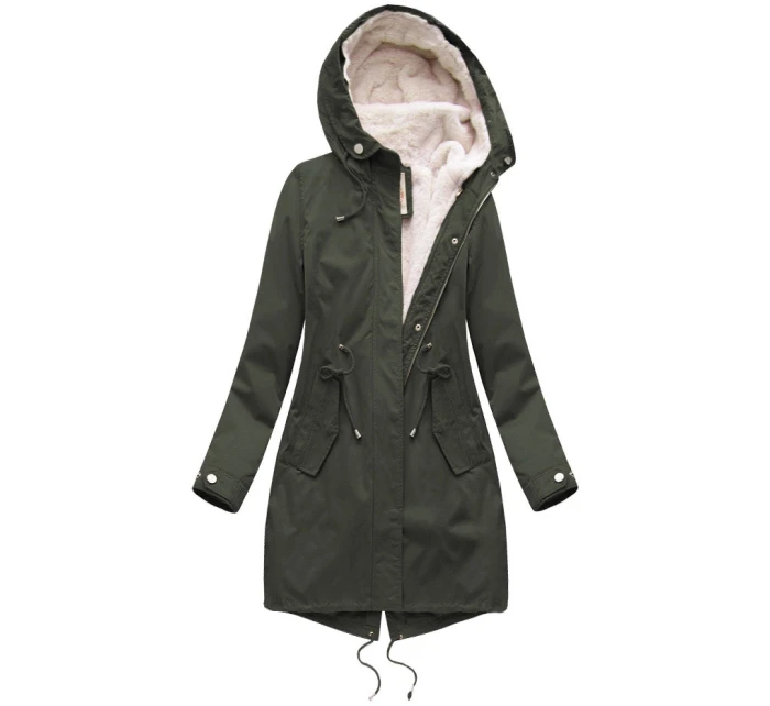 Dámská zimní bunda parka v army barvě s kapucí a odepínací kožešinovou podšívkou model 21242078 - Libland