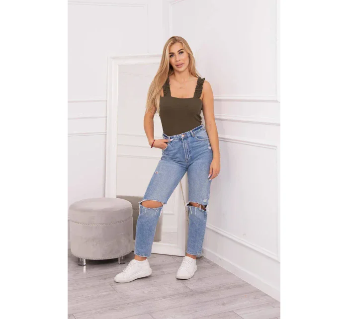 Blúzka s nariasenými ramienkami vo farbe khaki