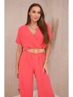 Kombinéza s ozdobným pásom Ružová neónová