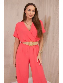 Kombinéza s ozdobným pásom Ružová neónová