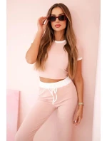 Žebrovaný komplet halenka + kalhoty se širokou nohavicí pudrově růžová