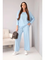 Dámska súprava z viskózy s voľnou blúzkou a nohavicami modrá