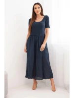 Dámske bavlnené midi šaty s krátkymi rukávmi a rozšíreným spodným dielom tmavomodré