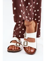 Damskie Klapki Na Korkowej Platformie Z Klamrami Białe Vesina