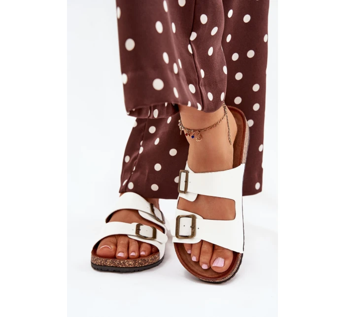 Damskie Klapki Na Korkowej Platformie Z Klamrami Białe Vesina